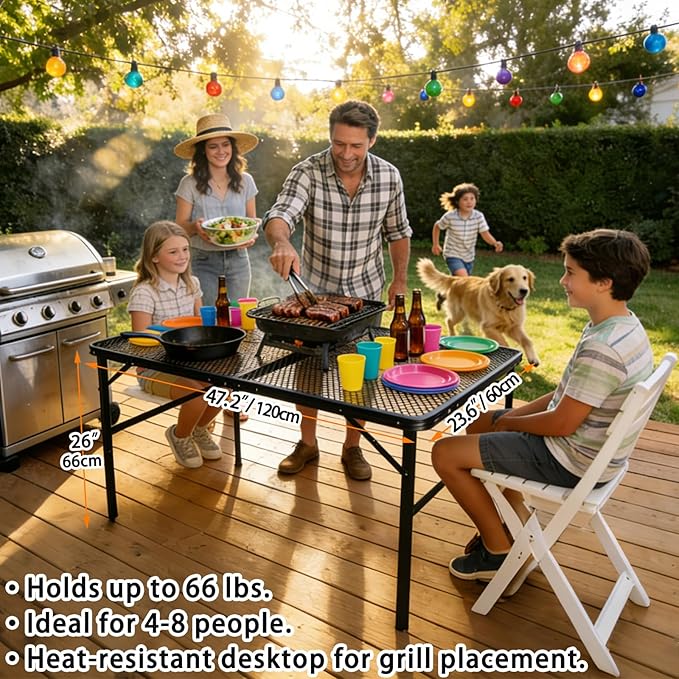 4 ft Folding Table with Adjustable Height (16.5" & 26"), Black Metal Mesh Table with Carry Handle, Portable for Outdoor BBQ, Grill, Family Gathering & Prep, Fits 4–8 People, 8.8 lb, Supports 66 lb