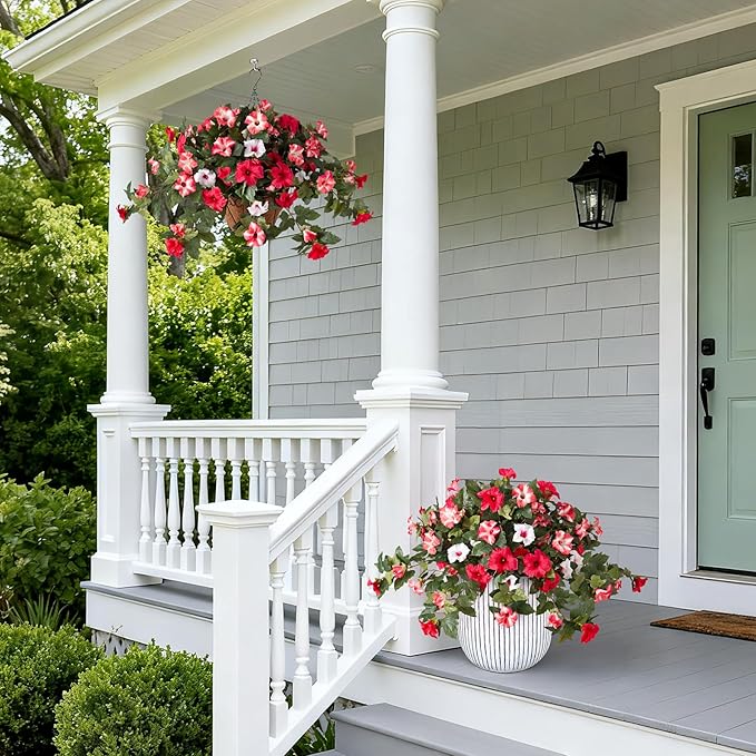 2PCS Artificial Petunia Flowers for Outdoors, Fake Flowers for Outdoor Planters UV Resistant Faux Silk Petunias for Garden Porch Yard Balcony Patio Realistic Home Kitchen Decor(Red Pink White)