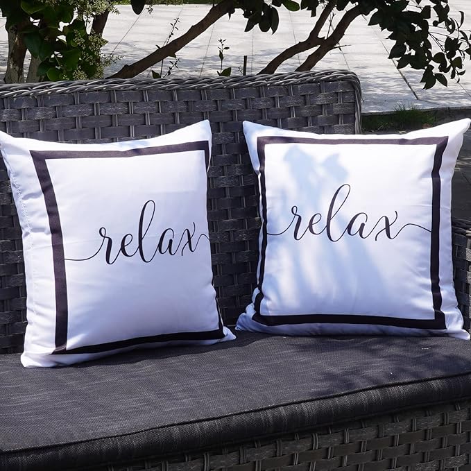 ONWAY Outdoor Waterproof Throw Pillow Covers 18x18 Set of 2 White and Black Relax Decorative Pillowcase for Patio Furniture Garden Couch Tent Balcony