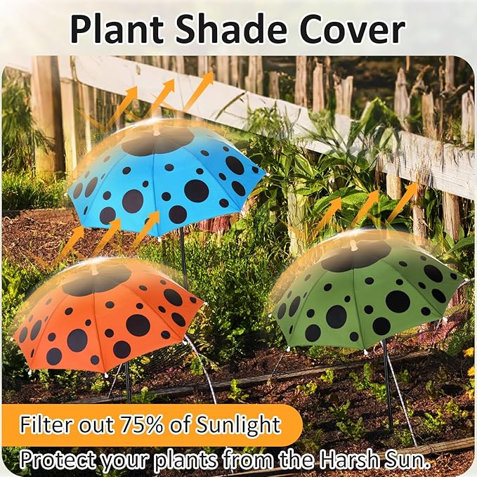 4 Pack Plant Umbrellas for Outdoor Plants, Upgraded Joints-enhanced Wind Resistance, Adjustable Height, Large Garden Umbrella Shade for Potted Plants Bed Flower Pot(Ladybug Mixed Color)