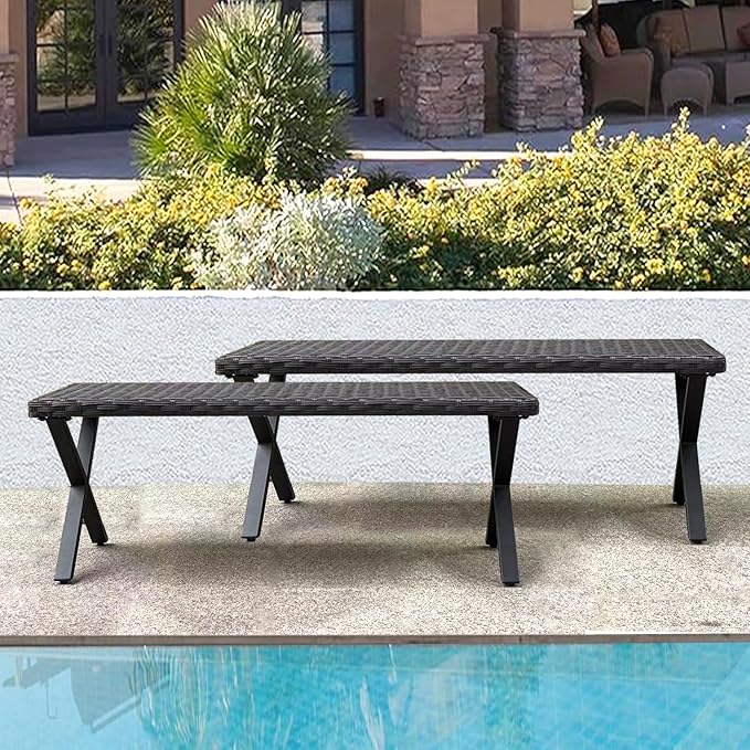 46” Black Rattan Bench with Metal X-Legs Set of 2, Wicker Frame Patio Bench for Hallway, All Weather Outdoor Bench for Garden, Backyard, Porch