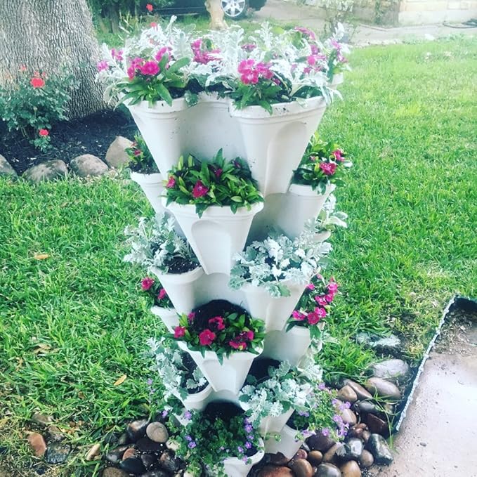 Vertical Gardening Stackable Planter - Build Simple Stacking Gardens or Efficient Commercial Farms - Grow More Strawberries, Herbs, Vegetables & Flowers in Less Space - US Made Pots (Medium, Stone)