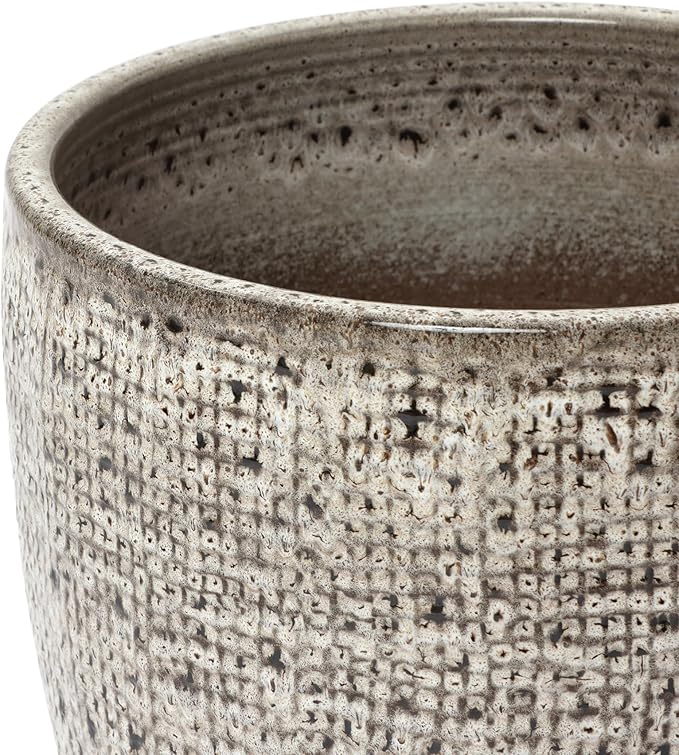 LuxenHome 15.5" Dia Round Ceramic Large Plant Pot for Outdoor Plants, Gray Grid-Pattern Glazed Ceramic Outdoor Planter Pot with Drainage Hole and Rubber Plug, Indoor Flower Pots for Home Garden Patio