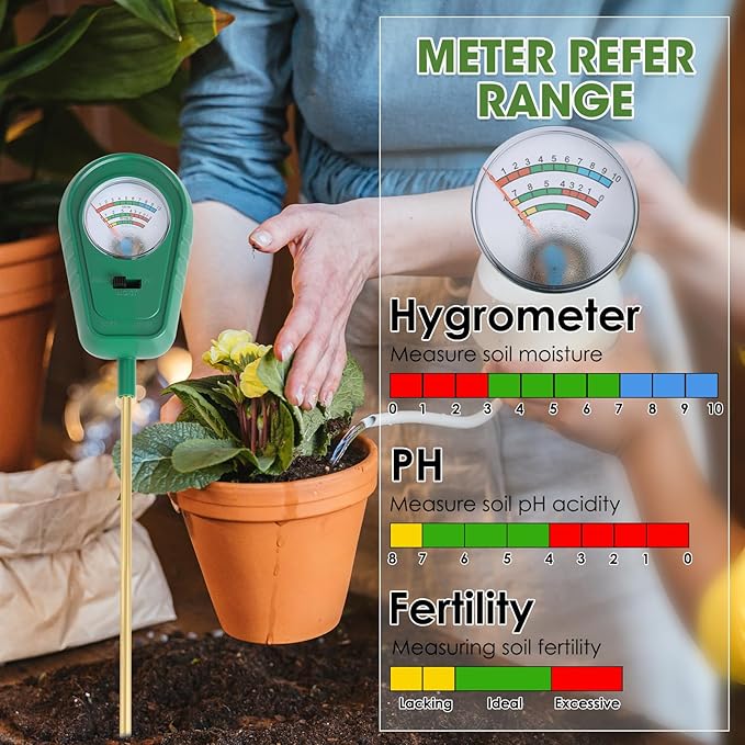 Soil Test Kit, 3 in 1 Soil Moisture Meter/Soil pH Meter/Fertility for Gardening - No Battery Required Large Dial Soil PH Meter Garden, Lawn, Farm, Indoor & Outdoor