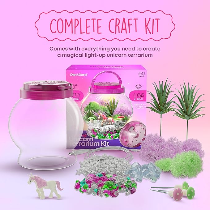Dan&Darci Light-Up Unicorn Terrarium Kit for Kids - Kid Easter Birthday Gifts - Best Unicorn Toys & Activities Kits Presents - Arts & Crafts for Girls & Boys Age 4 5 6 7 8-12 Year Old Girl Gift