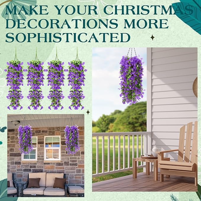 Hotop 2 Set Artificial Hanging Flower Basket and 6 Pcs Bougainvillea Silk Vine Flower for Outdoor Indoor UV Resistant Faux Hanging Plant Coconut Lining Planter Pot(Purple)