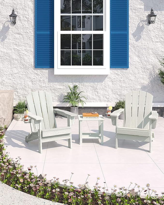 Folding Adirondack Chair Set of 2 with Ottoman, All-Weather HDPE Outdoor Chair, Wooden Textured with Cup Holder for patios, Decks, Gardens, fire pits, White