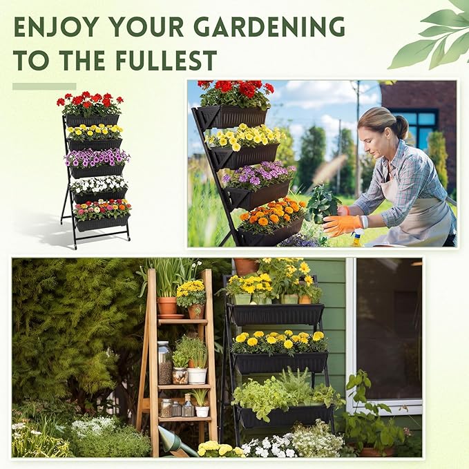 2 Set 4.5 ft Vertical Garden Planter with Lockable Wheels 5 Tier Removable Raised Bed Box for Outdoor Herb Vegetable and Flower Growing Includes Gloves and Screwdriver(Black)