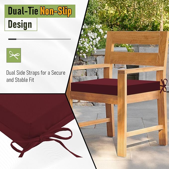 Basic Beyond Outdoor Chair Cushions Set of 6, Square Corner Outdoor Cushions for Patio Furniture, Water Resistant Patio Chair Cushions with 2 Ties, 18.5x16x3, Burgundy