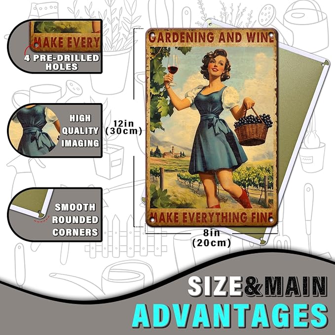 PEACHGARDEN Garden Vintage Tin Sign Gardening and Wine Make Everything Fine Metal Tin Sign for Bar Pub Cafe Wall Kitchen Bathroom Outdoor Indoor Wall Decor 8x12inch
