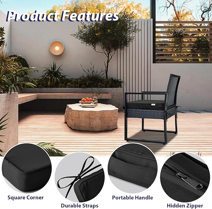 Outdoor Chair Cushions Set of 4,Waterproof Outdoor Seat Cushions for Patio Furniture,Patio Chair Cushion with Handle and Ties, Square Out Door Chair Pads,17" x 16" x 2", Black
