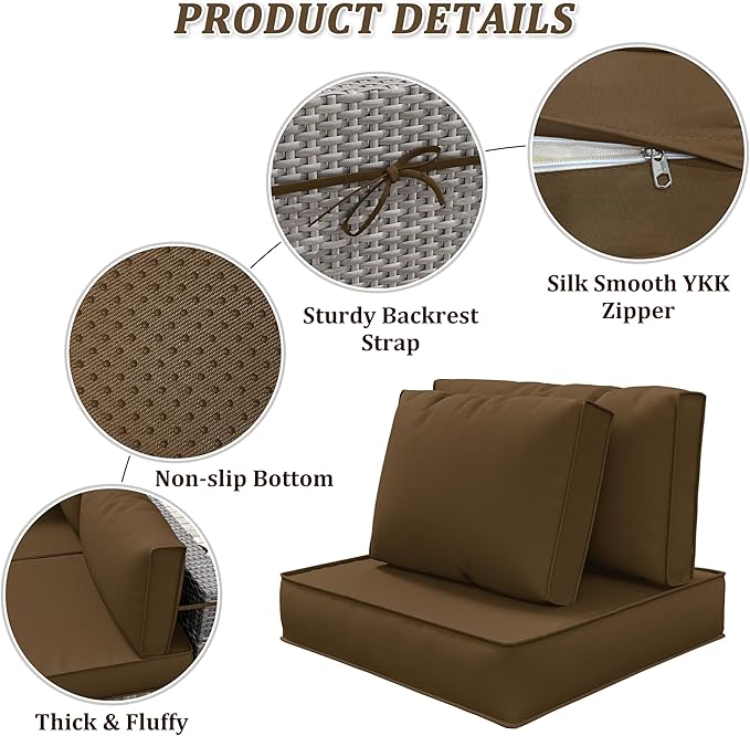 14-Piece Outdoor Cushions for Patio Furniture Thick Outdoor Chair Cushions 5" Foam High-Density Water-Resistant Deep Seat Cushion for 6-Seat Sectional Sets Liner&Cover Chocolate