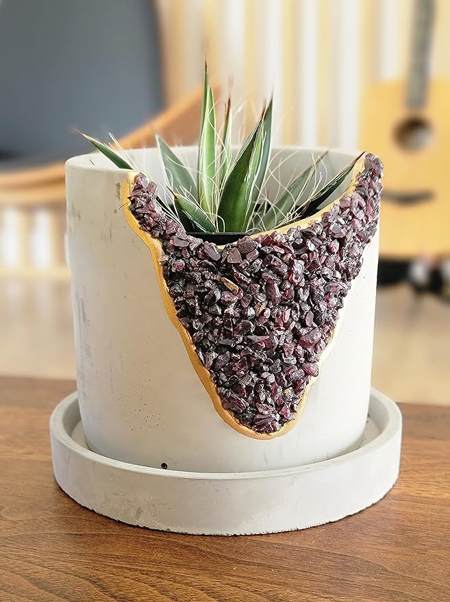 4 Inch Crystal Plant Pot with Saucer - Cement Geode Planter - Concrete Pots for Plants - Modern Succulent Pot Indoor - Unique Air Plant Holder - Candle Holder - Small Plant Home Decor (Red Garnet)