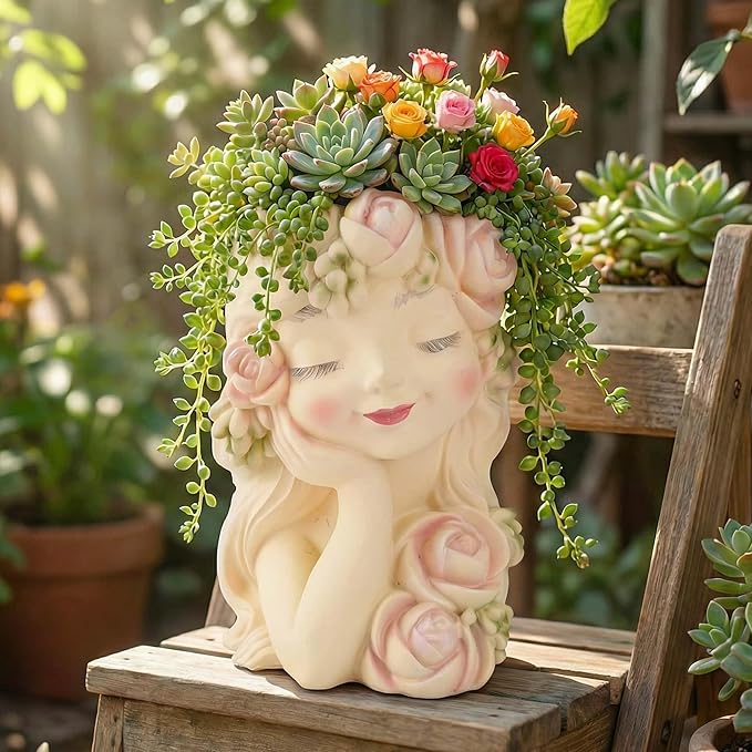 Decorative Garden Fairy Head Planter - Resin Flower Pot, Succulent Planter Holder, Tall Face Planters Pots, Phrenology Head Bust, Unique Planter Pot Sculpture, Elegant Home & Patio Decor