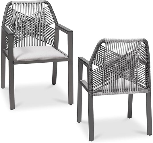 Best Choice Products Outdoor Dining Arm Chair Set of 2, Aluminum Frame with Armrest, All-Weather Woven Rope Chair Design - Charcoal/Graphite