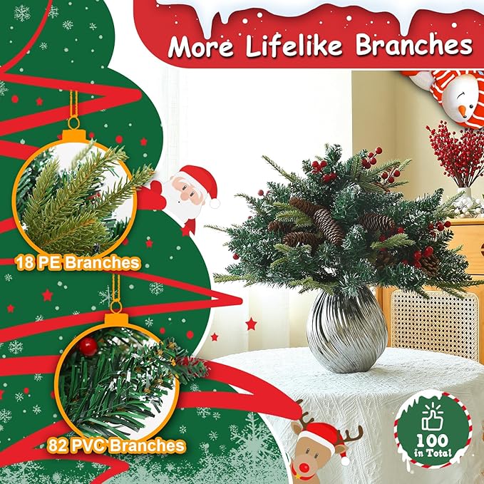 JOYHALO 2 Pack Set 21Inch Christmas Urn Filler with 50 Lights Remote Controlled in Multicolor, Christmas Pot Fillers with PVC&PE Branches, Outdoor Christmas Trees for Porch Pathway Yard Decorations