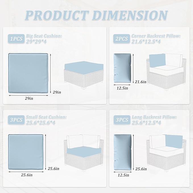 Patio Furniture Cushions, Replacement Outdoor Cushions for 4-Seat Patio Furniture, Waterproof Cushions for Outdoor Sectional Sofa Couch, Sky Blue