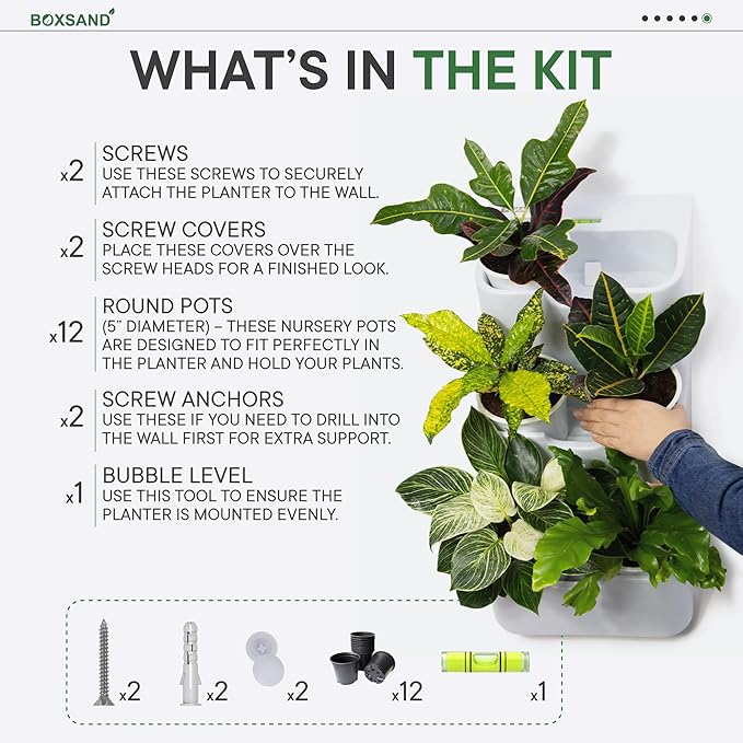 BOXSAND-12 Vertical Wall Planter (24"x26", White with Black Pots) – Living Wall for 12 Plants, Indoor/Outdoor Vertical Garden System, Easy 2-Screw Install