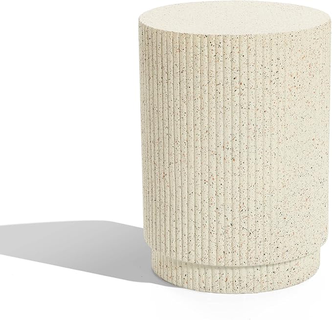 LuxenHome Cream Cement Round Outdoor Side Table, End Tables for Patio, Garden Small Accent Decorative Stool, Plant Stand Drum Table Indoor and Outdoor