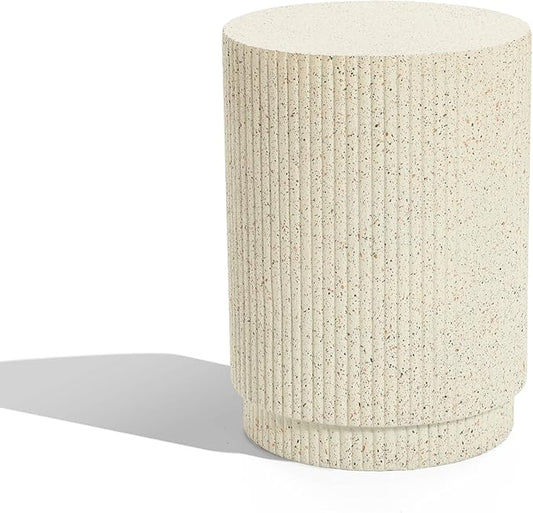 LuxenHome Cream Cement Round Outdoor Side Table, End Tables for Patio, Garden Small Accent Decorative Stool, Plant Stand Drum Table Indoor and Outdoor