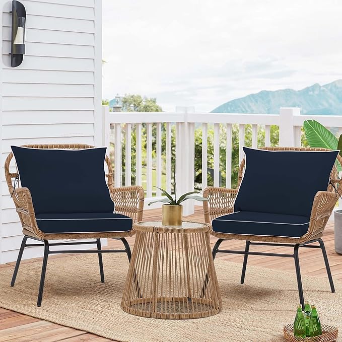 Outdoor Chair Cushions 2 Set,24 x 24 x 5IN, Patio Deep Seat Cushion for Patio Furniture, Waterproof Fade Resistant Thick Deep Seating Pads for Outside Wicker Ratten Chair Couch,navy+white piping