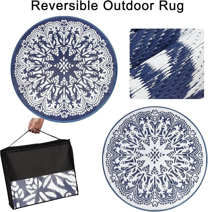 Homcomoda 10Ft Round Outdoor Patio Rug - Waterproof, Stain Resistant, Classic Bohemian Style - Blue, 120 inches x 120 inches