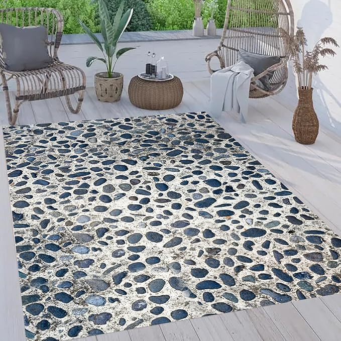 Irregular Pebblestones Design Deck Rug 10x12 Dark Blue Beige Aesthetic Texture Outdoor Waterproof Rugs for Balcony Patios Porch Backyard Garden RV Camping Thin No Shedding Durable Outside Mat