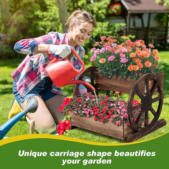 Wooden Wagon Planter Box Decorative Wooden Cart Rustic Flower Pot Garden Wagon Decor with Wheels for Indoor Outdoor Patio Garden Balcony Backyard Decoration (1 Pcs,Unmovable Carriage Style)