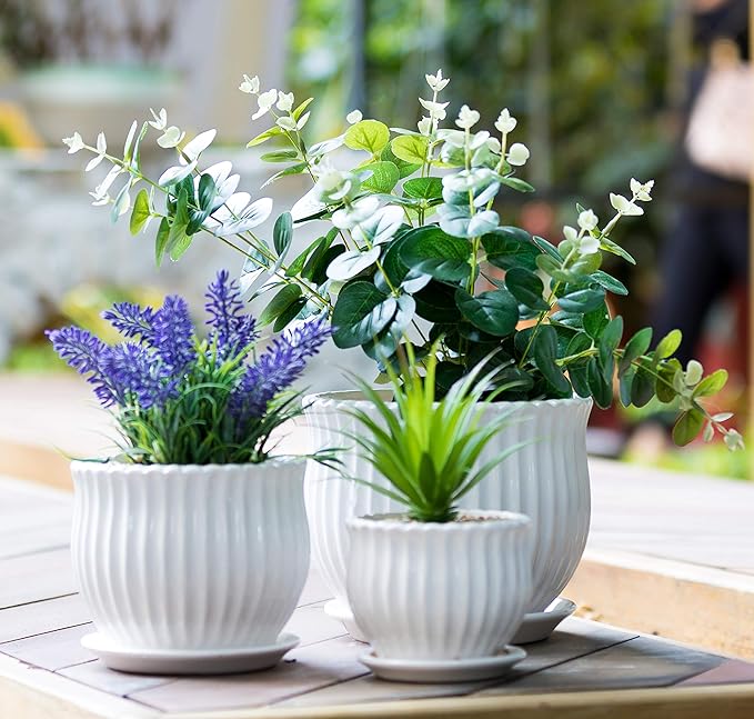 Ceramic Flower Plant Pots with Saucers, Modern Round Ceramic Succulent Planter Pots with White Stripe Texture, Small to Medium Sized, Set of 3