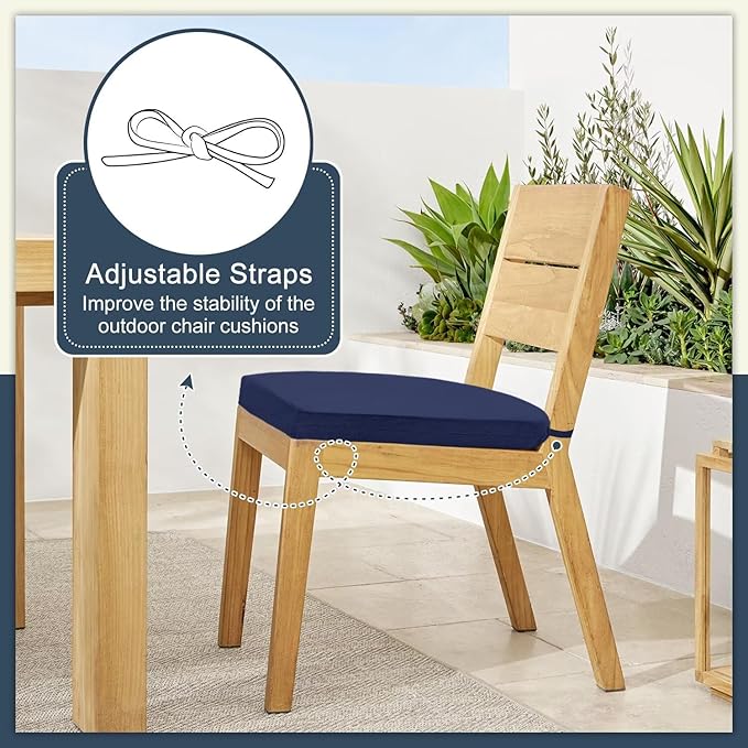 Cozyide Outdoor Chair Cushions, Waterproof Patio Seat Cushions with Adjustable Straps, Round Corner Patio Chair Cushions for Garden, Navy, 17x16x2 Inch (Pack of 4)
