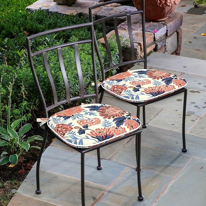 Outdoor 16"x17" Chair Pads Set of 4, Water Resistant Patio Chair Cushions with Ties, Seat Cushions for Home Garden Furniture Decoration, Red Chrysanthemum