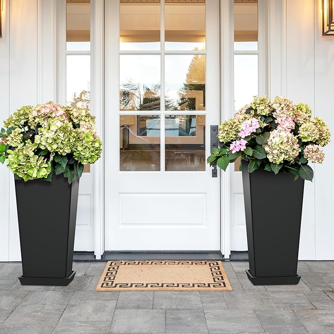 Set of 2 Large Tall Planter for Indoor or Outdoor 24" Flower Pots Tapered Tall Planters with Tray for Porch, Patio, Backyard, Large Planters for Outdoor Indoor Plants(Black)