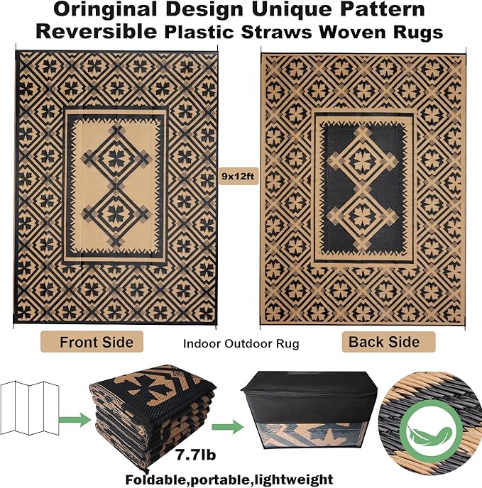 Tent Rug,Tent MatOutdoor Rugs Clearance Waterproof Camping Rug for Outside Your Rv Plastic Straw Black Reversible Outside Mat Durable Edges Patio,Porch,Rv Camping Mat