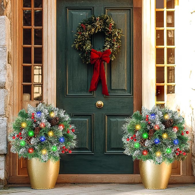 Lighted Artificial Christmas Urn Filler, 2 Pack Small Xmas Pine Tree Outdoor Decorations with Cones, Red Berries & 50 LED Lights, Light Up Planter Filler Decor for Porch Yard, Garden, Cemetery