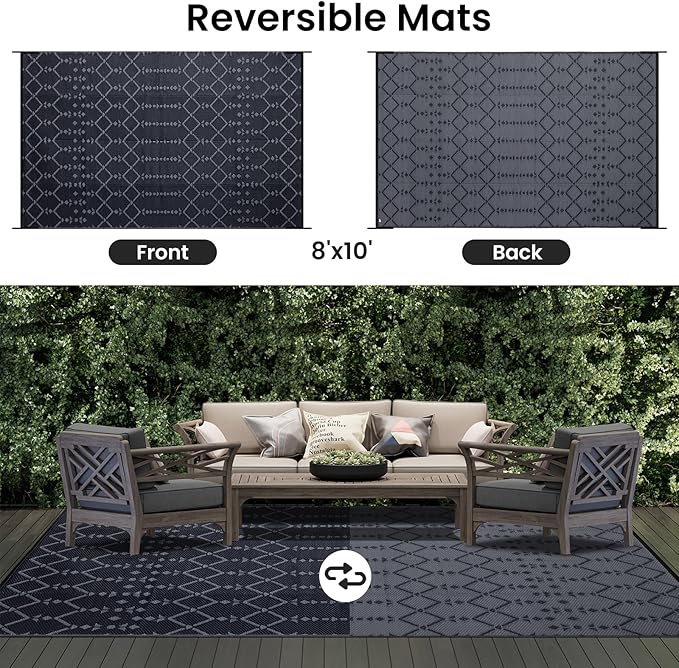 Smiry Outdoor Rug 8x10 ft, Waterproof Reversible Plastic Straw Rugs, Boho Outdoor Area Rug, Outside Floor Mat for Patio, Backyard, Deck, Picnic, Beach, Camping, Dark Grey