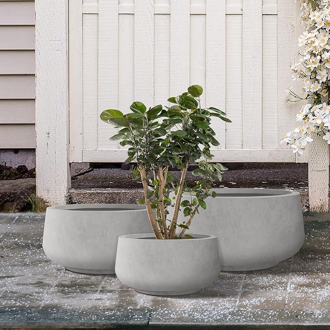 Kante 21.6",16.9",and 12.5" Dia Round Natural Concrete Elegant Planters (Set of 3), Outdoor Indoor Garden Plant Pot with Drainage Hole and Rubber Plug for Home & Patio