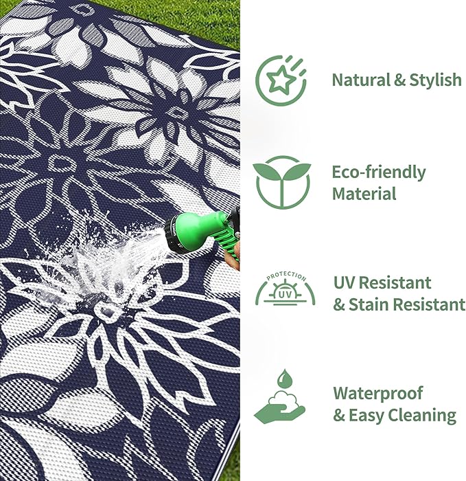 GENIMO Outdoor Rug Waterproof for Patio Decor, 5' x 8' Reversible Plastic Straw Floral Camping Carpet, Large Area Rugs Mats for RV, Camper, Deck, Balcony, Porch, Beach, Picnic, Blue & White