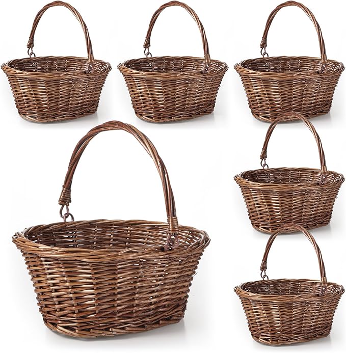 Barydat 6 Pcs Small Wicker Picnic Basket with Handle Flower Girl Baskets Oval Willow Woven Braided Gift Basket for Easter Weddings Baby Shower Home Garden Decor (Brown,9" x 7" x 4")