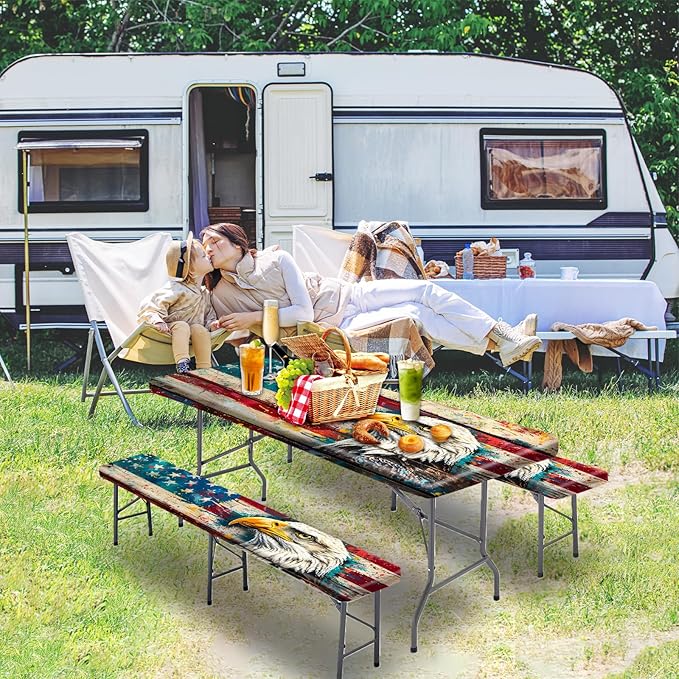 Picnic Table Cover with Bench Covers Camping Essentials Waterproof Windproof Camping Tablecloth with Elastic, Fits Table 30"x 72" Rectangle and Seats, Wood Grain American Flag