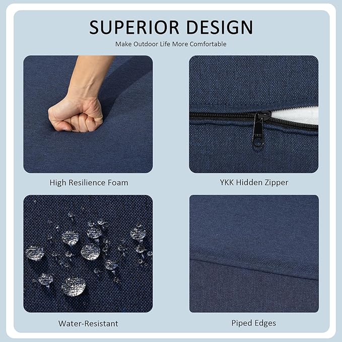 24x24 Inch Outdoor Deep Seat Cushions Set of 2,Thick High-Density Foam, Water-Resistant, Piped Edges & YKK Hidden Zipper for Patio Furniture,Midnight