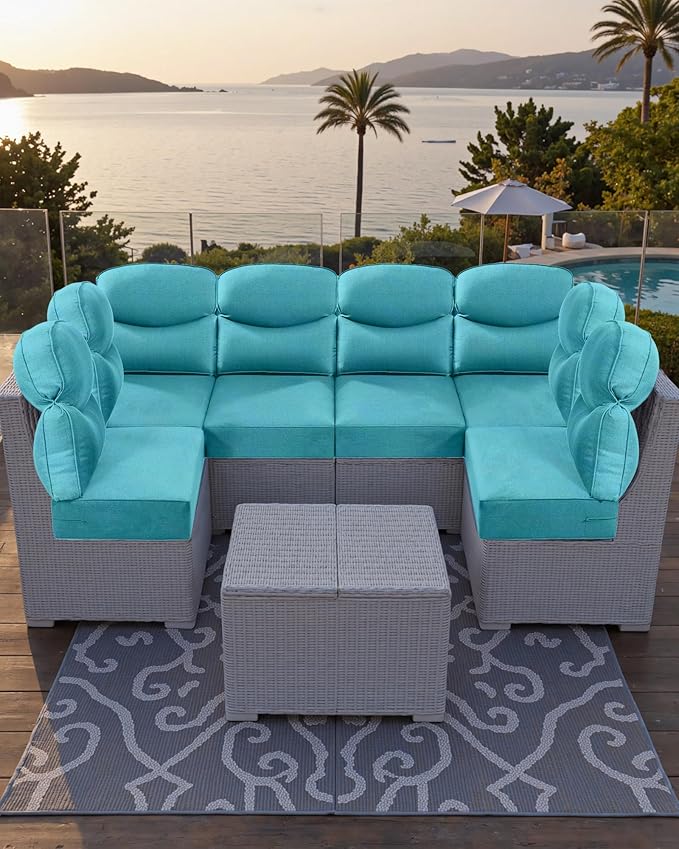 Luxury 24x24x6 Outdoor Seat Cushions for 6-Seat Sectional Sofa Set of 6 - Water-Repellent 14-Piece Patio Cushion Set for Outside Wicker Loveseat Chair L-Shape Couch - Turquoise/Smile