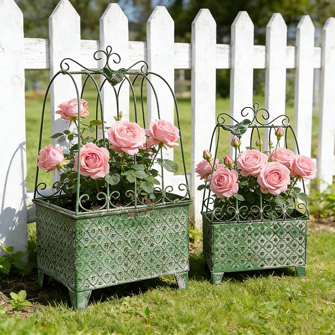 2-Piece Vintage Green Metal Birdcage Planter Set, Decorative Flower Pots with Ornate Design for Indoor Outdoor Garden Decor, Distressed Planters (Green)