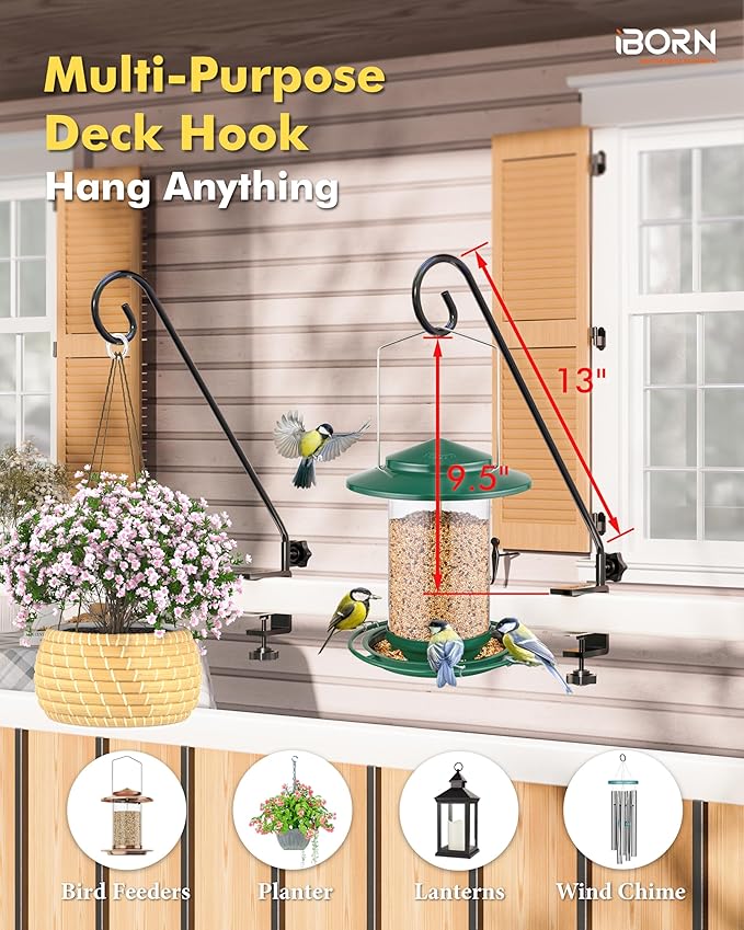 iBorn Deck Hook for Bird Feeder 13 Inch Hummingbird Feeder Hanger for Railing, Heavy Duty Deck Hanger for Planters, Suet Baskets, Lanterns, Wind Chimes, 360 Degree Swivel, Solid Wire, 2 Pack