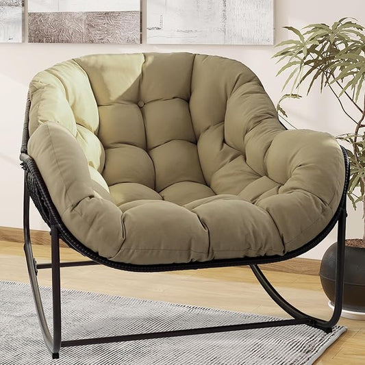 Papasan Rocking Chair, Oversized Papasan Chair with Cushion and Frame for Indoor& Outdoor, Deep Seat Egg-Shaped Rocker Chair for Garden, Deck, Living Room, Beige