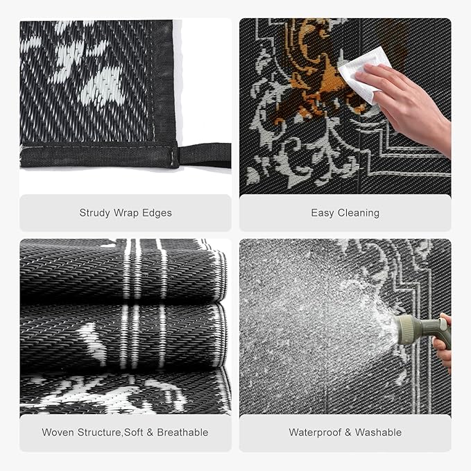 wikiwiki Outdoor Rug, 8x10ft Waterproof Reversible Mat Indoor Outdoor Rugs Carpet, Small Area Rug Plastic Straw Rug for Patio Deck Balcony Pool RV Camping Beach Picnic, Classic Black, Rugscape Series