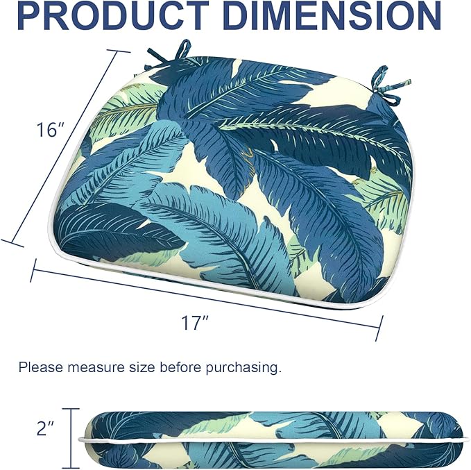 Outdoor Chair Cushions 16"x17" Set of 4, Water Resistant Patio Chair Pads with Ties, Seat Cushions for Home Garden Furniture Decoration, Swaying Palms Blue