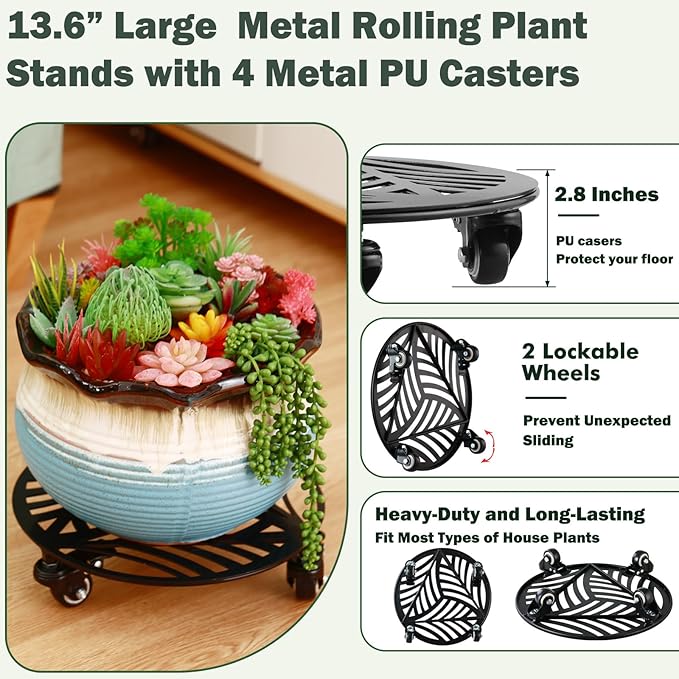 2 Packs Large Metal Plant Caddy with Wheels 14 Inches Heavy-Duty Wrought Iron Rolling Plant Stands with Casters Indoor and Outdoor Plant Pot Roller Base Plant Saucer Movers Black