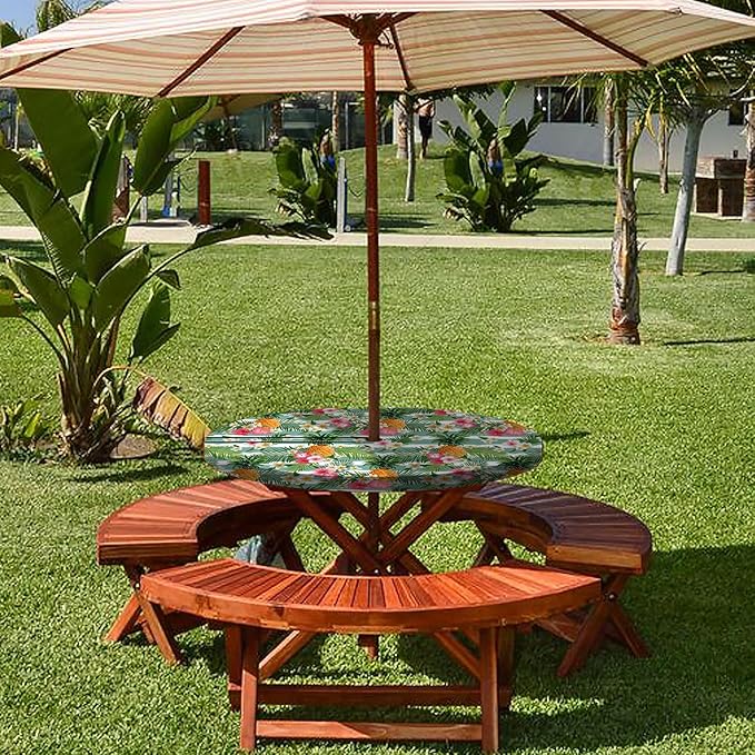 Round Fitted Outdoor Heat Resistant Waterproof Tablecloth with Umbrella Hole and Zipper for 45-54" Tables Outside Accesorios Para Picnic Camping Roadtrip Trips Bbq Needs Useful Holiday Gifts