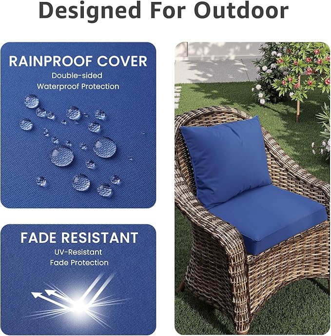 Outdoor Chair Cushions 18 x 18 x 3 Inch, Waterproof & Fade Resistant Patio Seat Cushion for Furniture with Handle and Ties, Thick Seating Pads for Outside Sofa Couch Set of 2, Blue