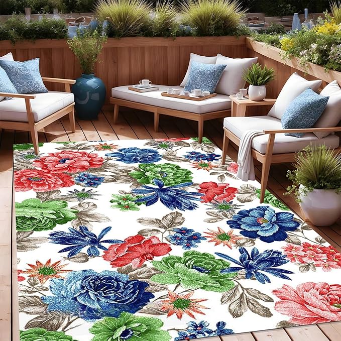 Floral Textured Modern Farmhouse Waterproof Outdoor Area Rug for Patio Deck Porch Balcony Ultra Navy Blue Green Garden Washable Outside Large Carpet Home Entrance Hallway Non Slip Mat 5x8